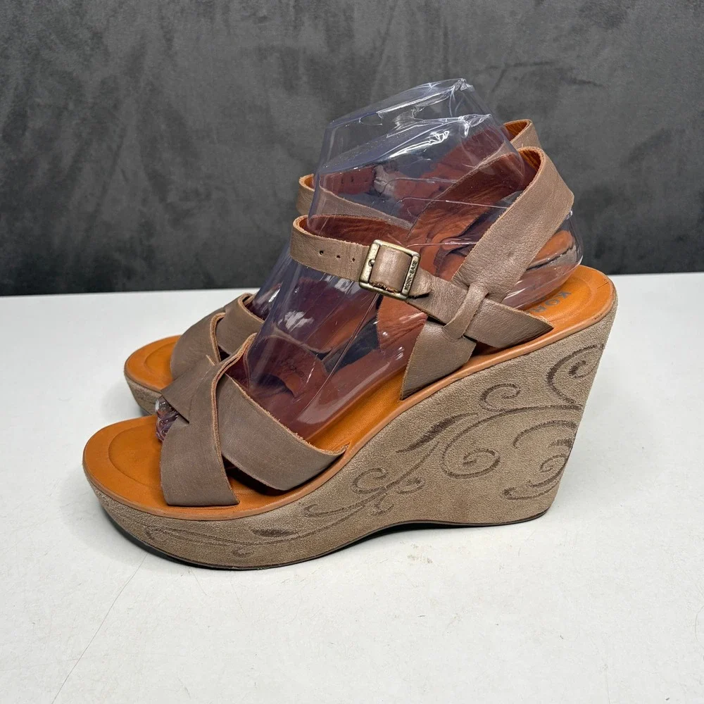 Kork-Ease Wedge Sandals Womens 9 Brown Leather Embroidered Platform Ankle Strap